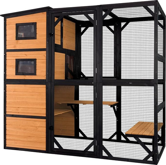 Aivituvin Large Cat Catio 4 Tiers Cat Enclosures House for Outdoor Indoor Cats with Weatherproof Roof, 3 Resting Rooms, 3 Platforms, 5 Windows 70" H 77" L