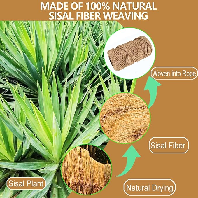 Sisal Rope for Cat Scratcher,Rope for Cat Scratch Post 3mm 656Ft Jute Twine for Scratching Post Repairing, Recovering or DIY