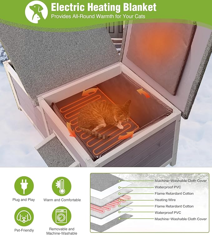 GUTINNEEN Heated Cat House for Outside, Insulated Cat House Outdoor Weatherproof with Bite-Resistant Wires, Electric Heating Mat, 2 Access Doors & Openable Roof