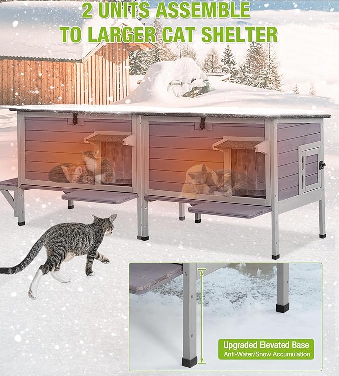 GUTINNEEN Heated Cat House with Bite-Resistant Wires, Insulated Cat House Outdoor with Detachable Lining, Expandable Feral Cat Shelter with Weatherproof Roof