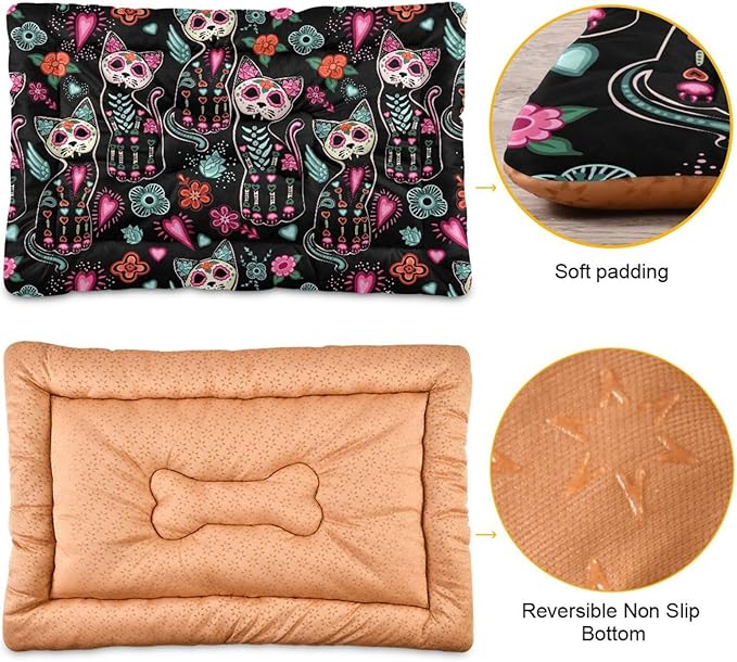 Pet Bed Gothic Cat Sugar Skull Dog Bed Mat Absorbing Non Slip Pad Pet Sleeping Mat for Small, Medium, and Large Dogs Puppy Cat 36 in x 24 in