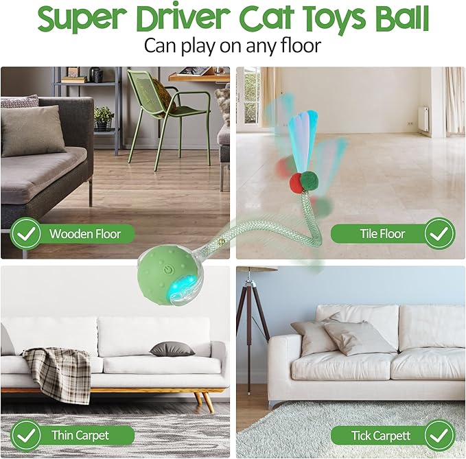 Interactive Cat Toys Ball for Indoor Cats, Automatic Moving Ball Toy with Elastic Mesh Tail, Chirping & Obstacle Avoidance and Motion Activated, Green【Rechargeable】