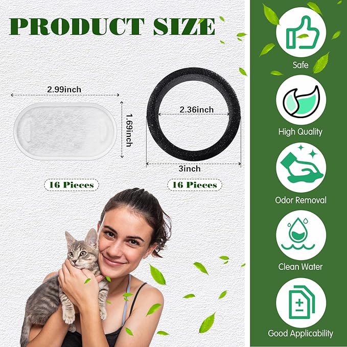 Hoolerry 32 Pcs Cat Fountain Filter Includes 16 Pet Replacement Filters 16 Sponges Compatible with Stainless Steel Pet Water Dispenser 108oz/3liter, 67oz/2liter