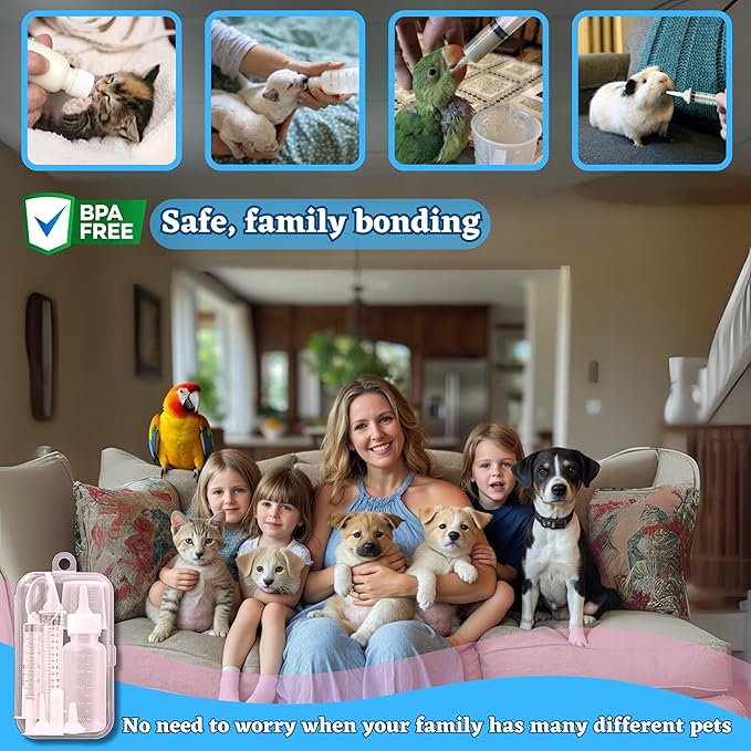 Newborn & Senior Pet Feeding Kit, Kitten/Puppy Bottle (50ml), Syringe with Silicone Nipple, Oral Dosing Syringe, Soft BPA-Free Nipples, Medicine Dispenser & Travel Case for Cats Dogs Rabbits Squirrels