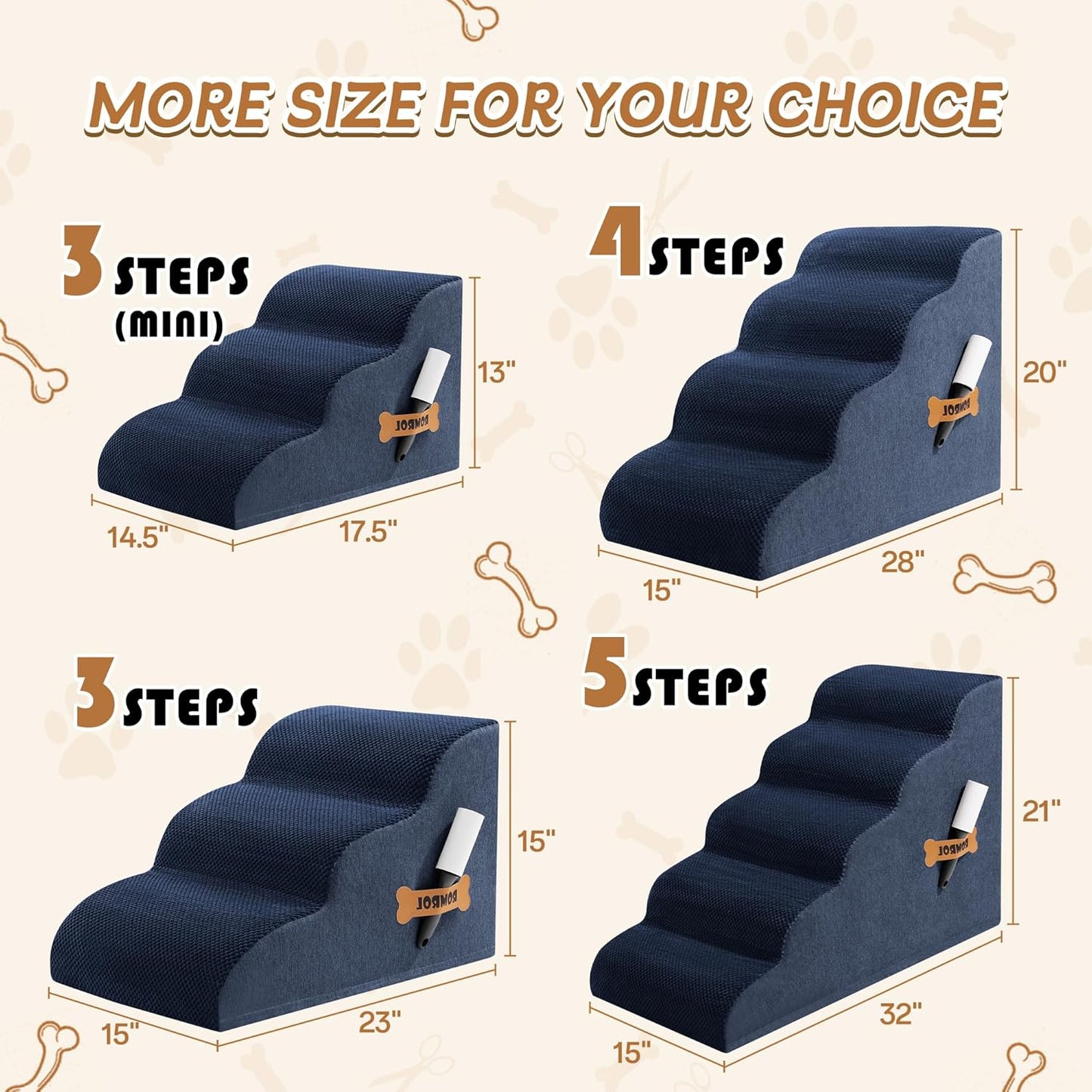 Romrol Dog Stairs Ramp for Beds Couches, Extra Wide Pet Steps with Durable Non-Slip Waterproof Fabric Cover, Dog Slope Stairs for Small Dogs and Cats or Pets Friendly, 3-Tiers, 13 Inch,Navy