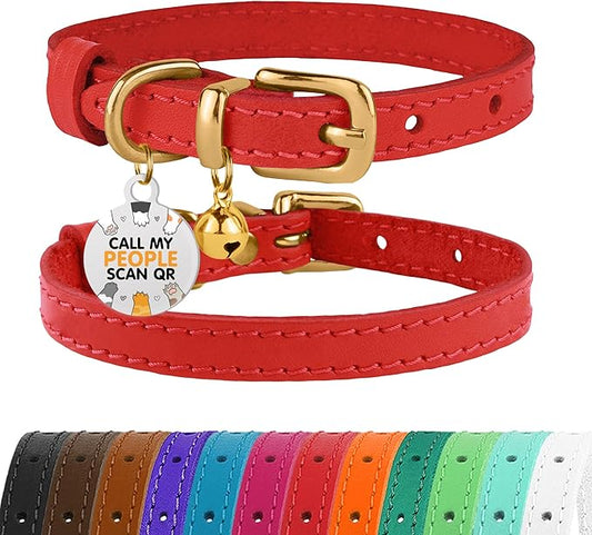 BRONZEDOG Leather Cat Collar with Removable Bells Non Breakaway Kitten QR Tag for Girl Boy (7" - 9" for Cats, Red & Gold)