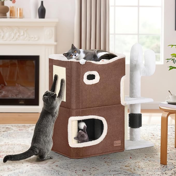 YITAHOME 2-Tier Cat House, Cat Beds for Indoor Cats, Small Cat Condo with Highway Cave, Scratch & Itching Post, Clmibing Stand, Modern Cat Cube Playhouse for Multi Kittens, Brown