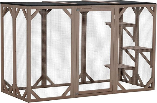 PawHut Outdoor Cat House, Catio Wooden Feral Cat Shelter, Cat Cage with Platforms, Large Enter Door, Weather Protection Asphalt Roof, 71" L, Brown