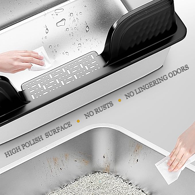 Vealind XXL Stainless Steel Cat Litter Box High Sided with Lid 23.7" L x 16" W x 12" H Side Entry Extra Large Metal Cat Litter Pan with Scoop and Mat for Big Cats Black