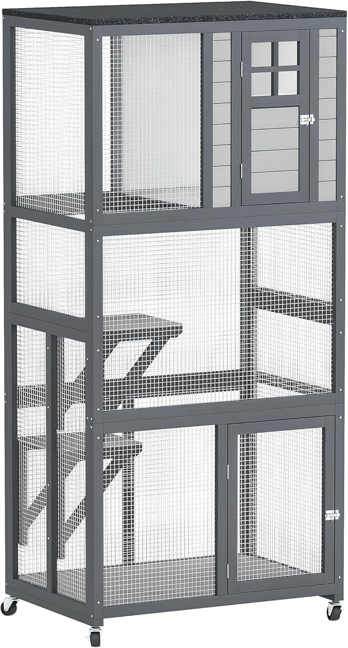 PawHut 74" Wooden Catio Outdoor Cat Enclosure Weatherproof & Wheeled, Outside Cat House with High Weight Capacity, Kitten Cage Condo, Dark Gray