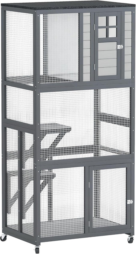 PawHut 74" Wooden Catio Outdoor Cat Enclosure Weatherproof & Wheeled, Outside Cat House with High Weight Capacity, Kitten Cage Condo, Dark Gray