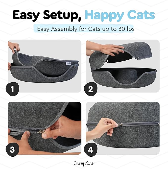 Emory Lane - Premium Cat Cave, Multifunctional Donut Tunnel Bed, Round Felt Cave with Zipper, for Pets up to 40 Lbs (24x24x11 Inch) (Dark Gray)