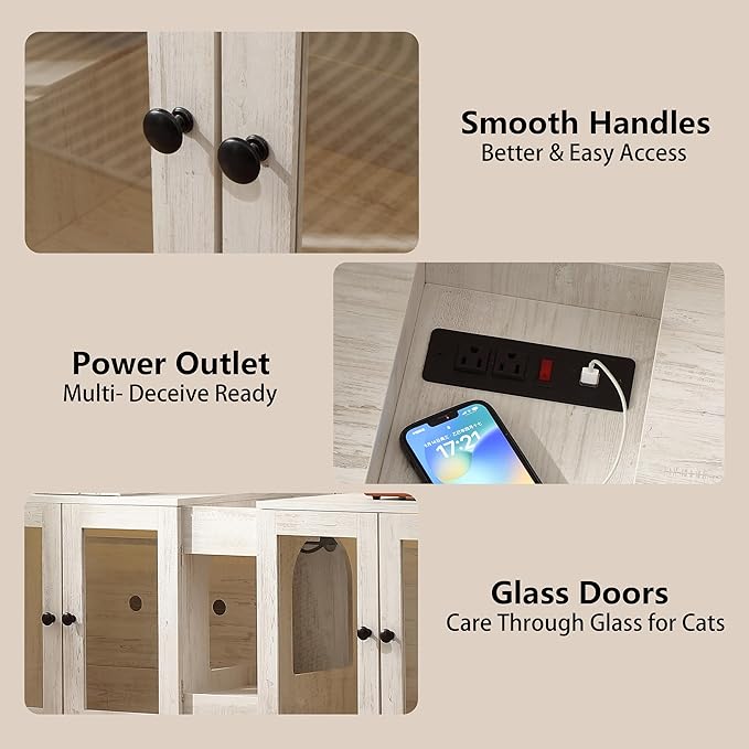 Double Cat Litter Box Enclosure for 2 Cats,Modern Double Litter Box Furniture with 7 Colors LED and Built-in Power Outlet,Large Cozy Cat Home,4 Glass Doors for Better Viewing, (White)