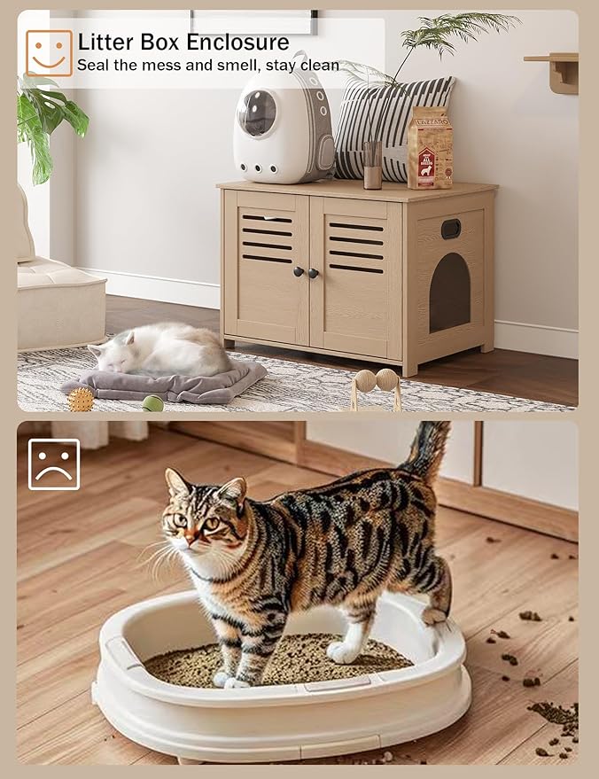 DINZI LVJ Litter Box Enclosure, Wooden Cat House with Good Ventilation, 27.6" Hidden Cat Washroom, Entrance Can Be on Left or Right, Indoor Litter Box Furniture, End Table, Natural