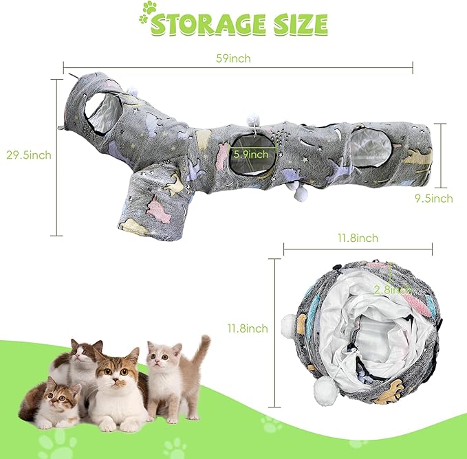 Cat Tunnels for Indoor Cats, Self-Luminous Cat Tunnel with Plush Ball, 3 Way Kitten Tunnel Collapsible, Cat Play Tunnel with Interactive Peephole for Large Cat, Puppy, Kitten