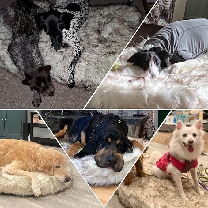 Laifug Luxury Faux Fur Dog Bed - 5-inch Thick Grade Ultra Soft Memory Foam with Removable Faux Fur Cover, Waterproof Liner (Gray-Brown, White)