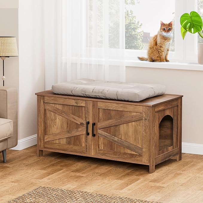 Homhedy 39.4" L Cat Litter Box Enclosure, Pet House with Barn Door,Wooden Cat Washroom Furniture,Fit Most of Litter Box, Rustic Walnut