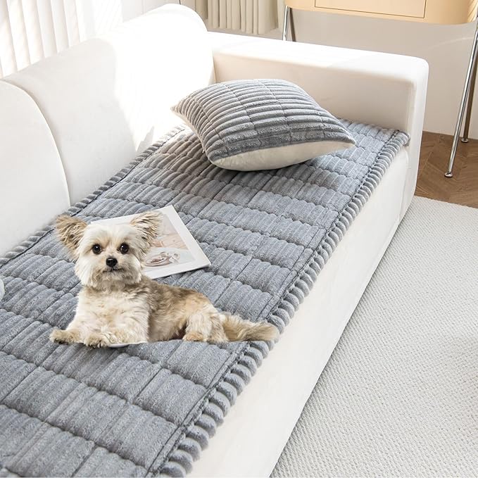 Faux Fur Plush Dog Couch Cover 3D Stripe Fuzzy Sofa Cover Non-Slip Fluffy Dog Bed Cover Pet Blanket Sofa Couch Furniture Protector for Puppy Large Dog Cat (Light Grey,35"x35")