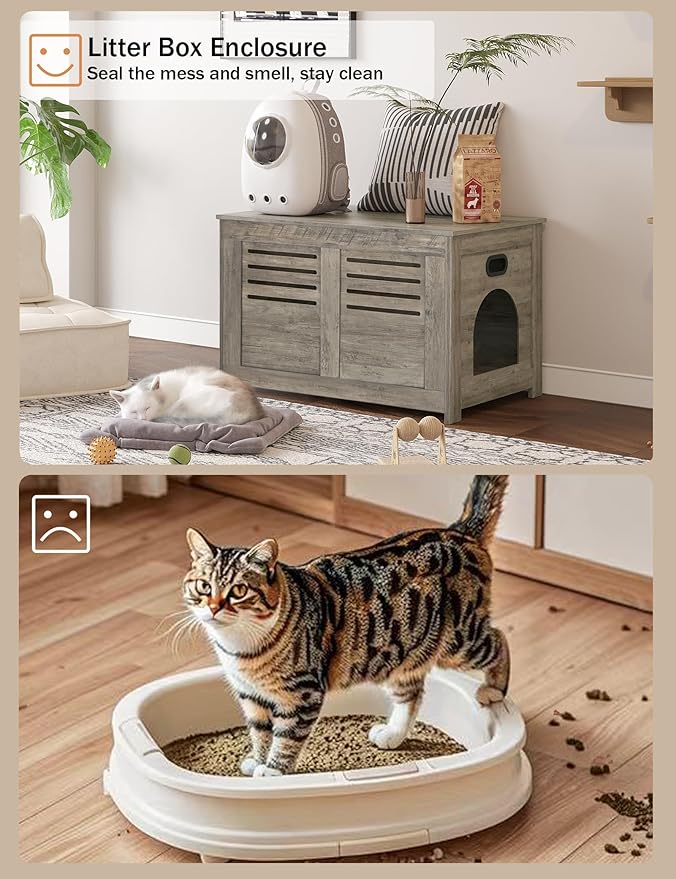DINZI LVJ Litter Box Enclosure, Flip Top Litter Box Furniture, Good Ventilation, Hidden Cat Washroom, 27.6" L x 19.7" W x 19.7" H, Entrance Can Be on Left or Right, Wooden Cat House, Gray Wash