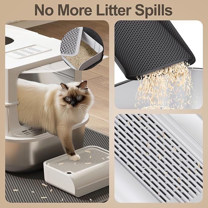 Jalove Stainless Steel Cat Litter Box with Lid, XL Extra Large Metal Litter Box for Big Cat, Covered Enclosed Kitty Litter Boxes, High Sided Enclosure with Scoop & Mat, Easy Cleaning, Light Gray