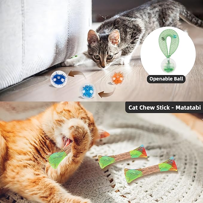 Cat Toy Set - 4 Styles Interactive Cat Feather Toy with Catnip & Dental Mesh & Bells, 2 Style Sparkle Balls & Matatabi Silvervine Sticks for Teeth Cleaning, Ideal for Cat Birthday Gifts