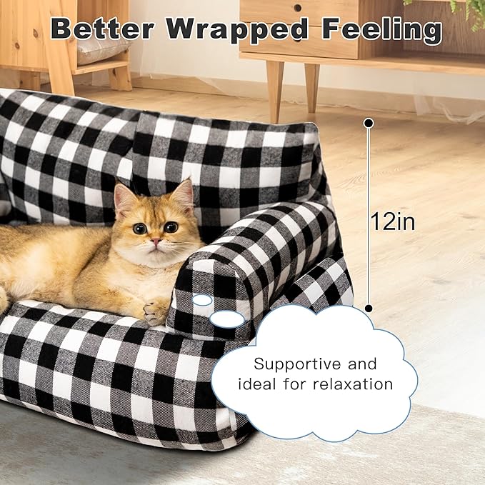 Cat Couch Bed - Cat Bed for Indoor Cats, Calming Pet Sofa Puppy Sleeping Bed with Removable Washable Cover, Cute Dog Couch and Kitty Lounge Chair for 18lbs Cats & Small Dogs(Black & White)