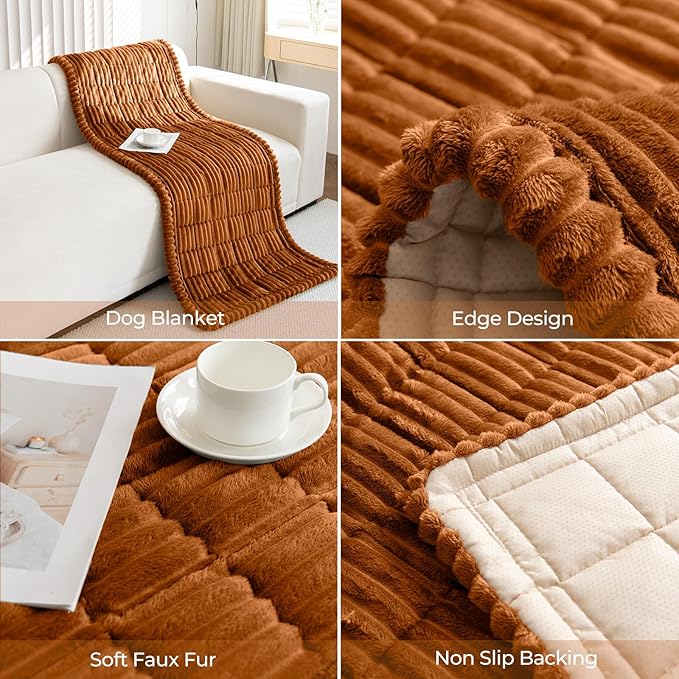 Faux Fur Plush Dog Couch Cover 3D Stripe Fuzzy Sofa Cover Non-Slip Fluffy Dog Bed Cover Pet Blanket Sofa Couch Furniture Protector for Puppy Large Dog Cat (Brown,28"x59")