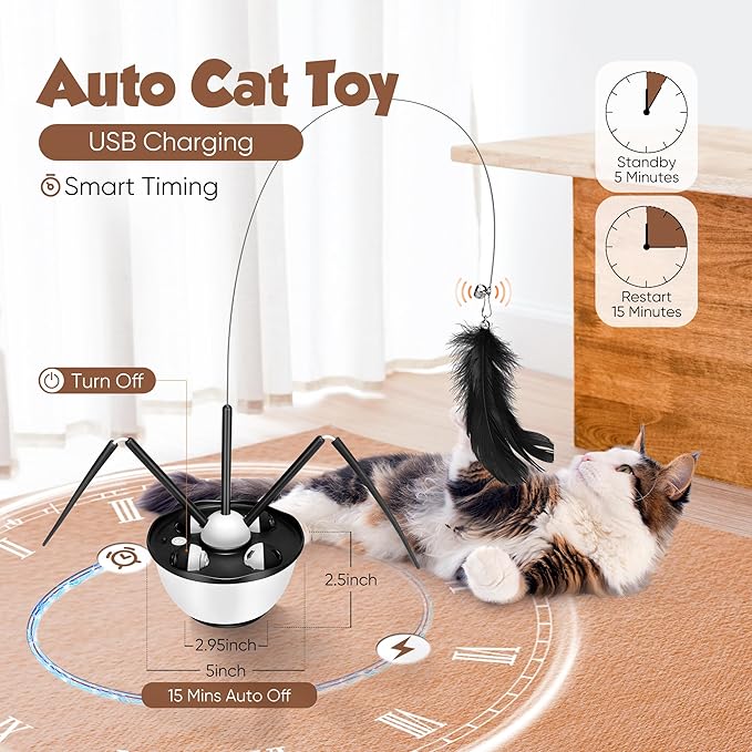 Cat Toys for Indoor Cats - Automatic Cat Dancer & Interactive Cat Toy Kit with Feather, Butterfly, Ribbon & Catnip Wand - Enrichment USB Rechargeable (Black)