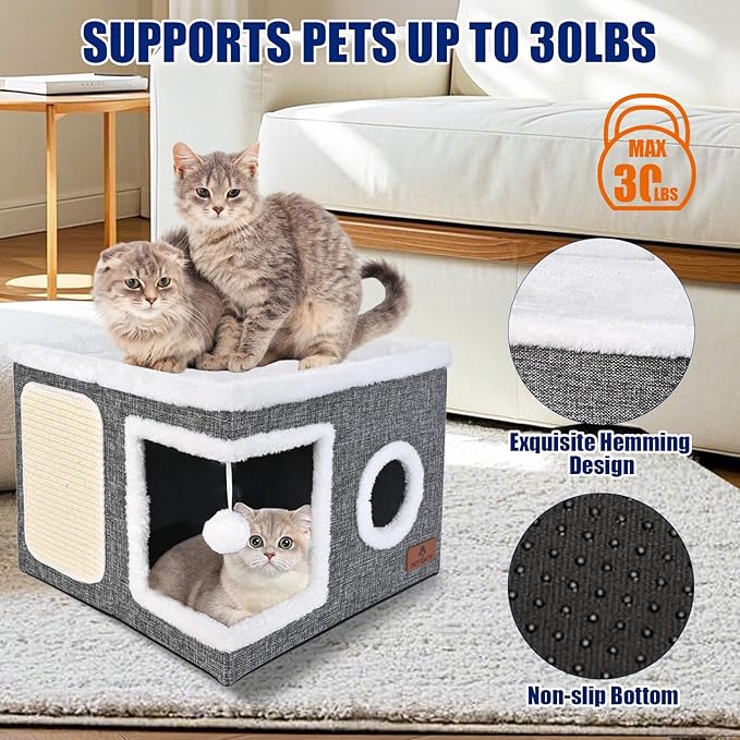 Cat Beds for Indoor Cats, Large Cat Cave Bed with Scratch Pad and Fluffy Ball, Foldable Cat Hideaway, Cat House with Reversible Cushion for Multi Small Pet Up to 30LBS, Grey