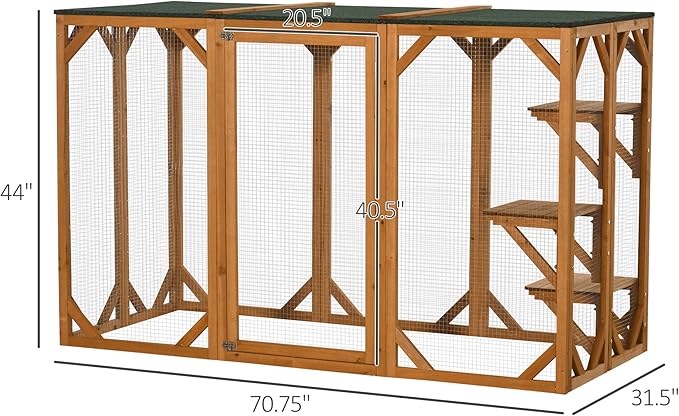 PawHut Outdoor Cat House, Catio Wooden Feral Cat Shelter, Cat Cage with Platforms, Large Enter Door, Weather Protection Asphalt Roof, 71" L, Orange
