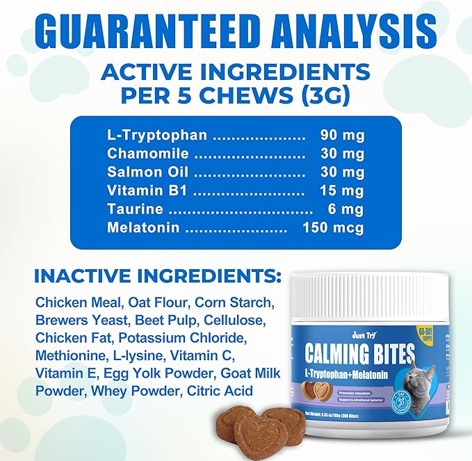 Just Try 300 Bites Calming Cat Treats for Relaxation - with Chamomile, L-Tryptophan, Melatonin for Cats– Chicken Flavor Calming Bites for Cats 6.35 oz