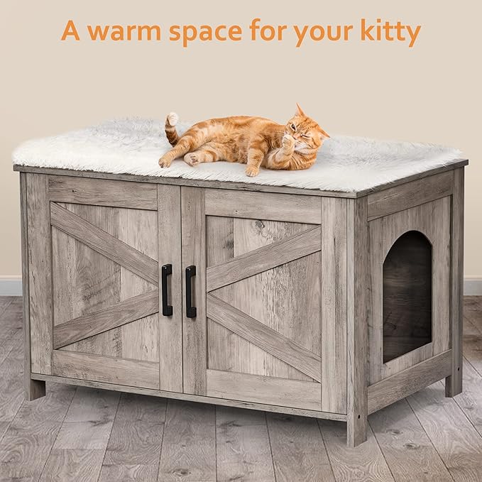 Homhedy Cat Litter Box Enclosure, Wooden Cat Washroom Furniture with Barn Door, Pet House, Fit Most of Litter Box, Greige