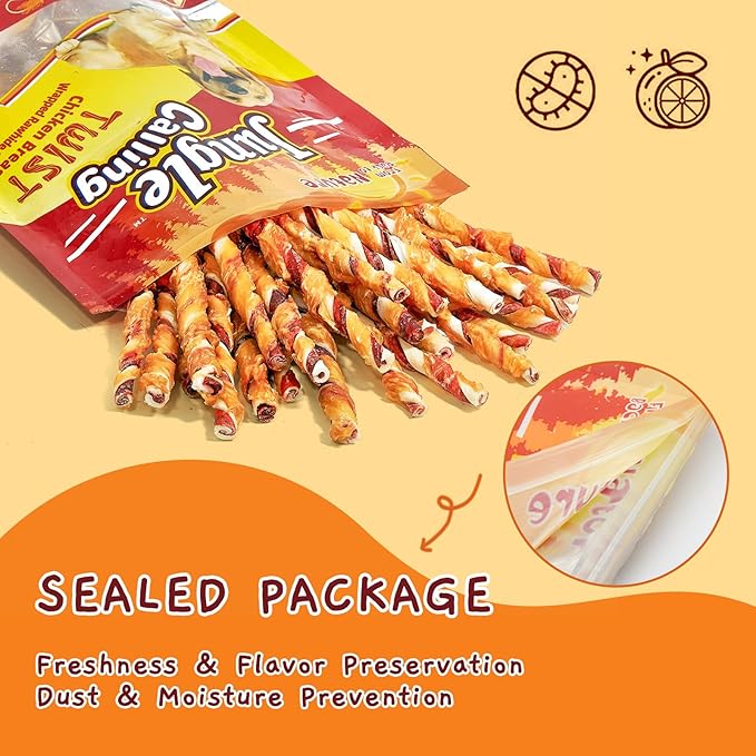 Jungle Calling Dog Treats, Natural Chicken Wrapped Rawhide Sticks, Grain-Free Training Rewards Chews for Small and Medium Puppy,10.6oz