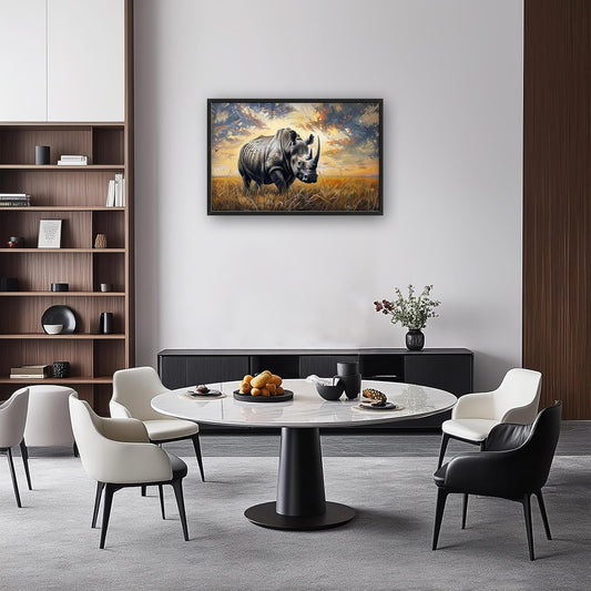 Rhino Large Wall Art Rustic Cool Wild Animal Rhinoceros Pictures Sunset Field Landscape Wall Decor Canvas Print Painting Artwork for Bathroom Living Room Bedroom 36L" x 24W"