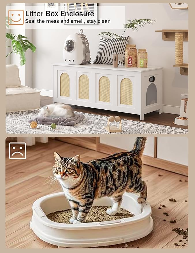 DINZI LVJ Cat Litter Box Enclosure, Flip Top Litter Box Furniture, Rattan-Like Hidden Cat Washroom, Wooden Pet House, End Side Table, 47.2" L x 18.7" W x 19.7" H, Easy to Assemble, White with Rattan