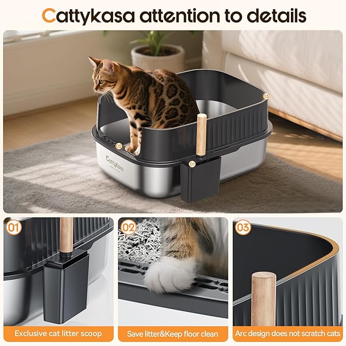 Stainless Steel Large Cat Litter Box, 23.6''×16.9''×10.6'' XXL Cat Litter Box with High Sides,Easy to Clean，Non-Sticky，Leak and Splash Proof(Gray)，with Cat Litter Scoop.