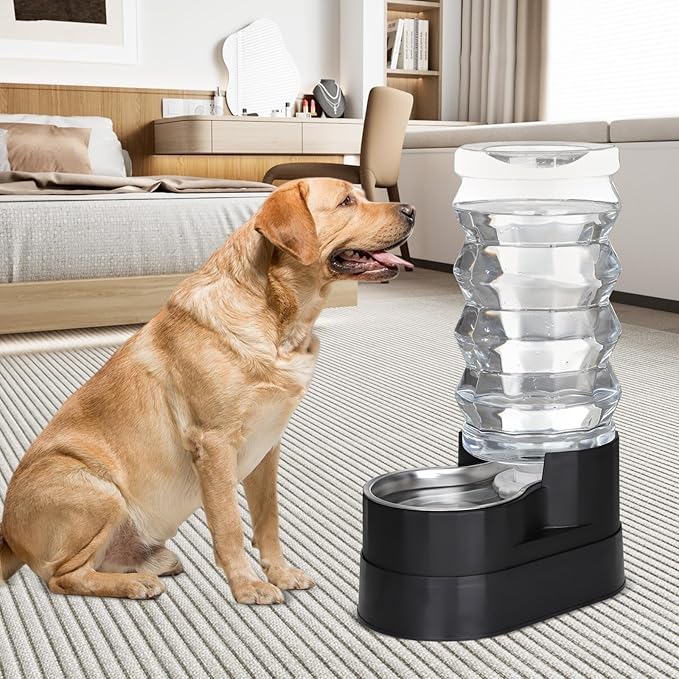 RIZZARI Upgraded Automatic Dog Water Dispenser: 9L Black Gravity Large Stainless Steel Raised Pet Fountain with Filter - Includes 2 Extra Filters & 2 Bottle Caps - Pet Feeder for Dogs Indoor Outdoor