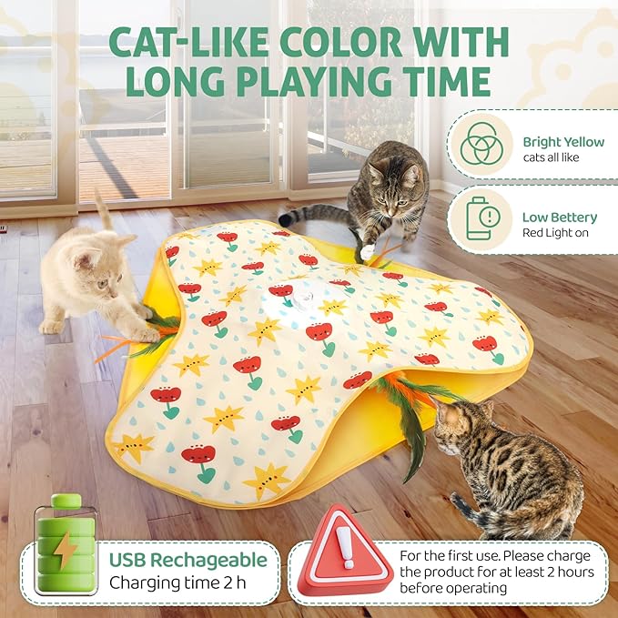 Interactive Cat Toys, Durable Stable Base Touch Activated Kitten Toy, Rechargeable Hide and Seek Cat Toys, Waving Concealed Feather Exercise Toy for Indoor Bored Cats/Kitten