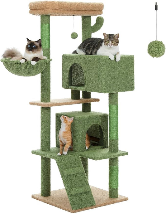 Cactus Cat Tree for Indoor Cats, 2 Cozy Condos with Spacious Top Perch, 56.3-Inch Multi-Level Cat Tower with Scratching Posts, 2 Caves, Plush Hammock and Climbing Ramp, Green