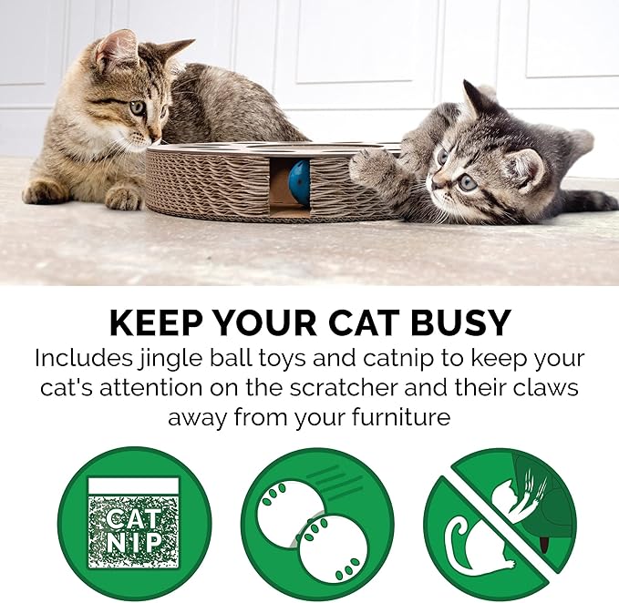 Furhaven Scratching Pad Ball Track Cat Toy w/ Catnip for Indoor Cats - Archway Busy Box Scratcher - Tan, One Size