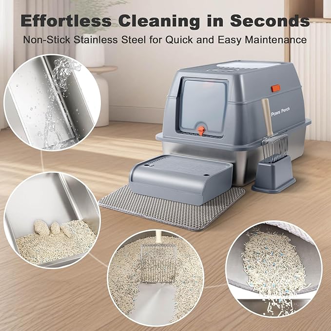 Stainless Steel Metal Cat Litter Box Large Enclosed with Lid, Dog Proof Jumbo Hooded High Sides for Big Cats, Indoor Multi Cat Use - Deep Design & No Smell