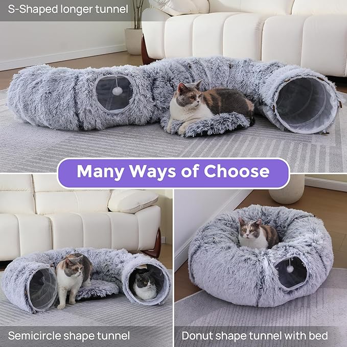 Plush Cat Tunnel Bed for Indoor Cats with Soft Cushion, Multi-Shape Play Cave with Hanging Balls, Large and Foldable Cat Donut Tunnel for Small and Large Pets (Grey)