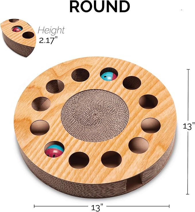 Furhaven Scratching Pad Ball Track Cat Toy w/ Catnip for Indoor Cats - Round Busy Box Scratcher - Tan, One Size