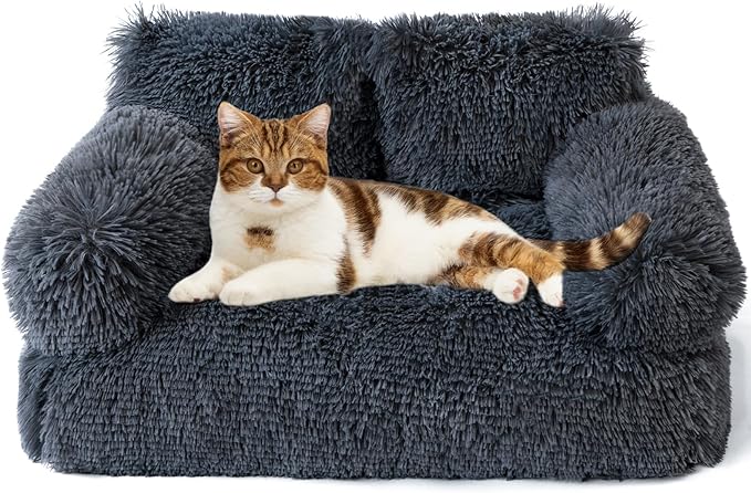 Cat Couch Bed - Cat Bed for Indoor Cats, Calming Pet Sofa Puppy Sleeping Bed with Removable Washable Cover, Cute Dog Couch and Kitty Lounge Chair for 18lbs Cats & Small Dogs(Plush Dark Gray)