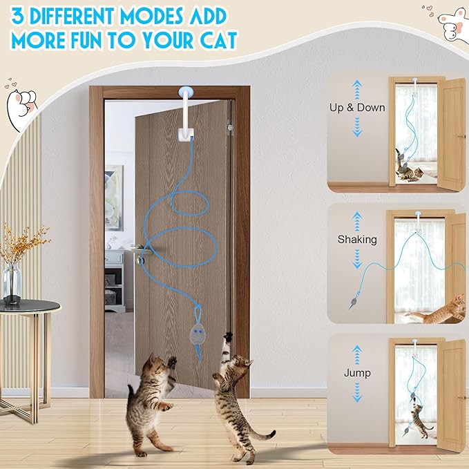 Cat Toy Interactive for Indoor Cats, Smart USB Rechargeable Door Hanging Automatic Retractable Kitten Toys, Teaser Electronic Self Play Feather Cat String Toy Attached with 3 Catnip Mice White
