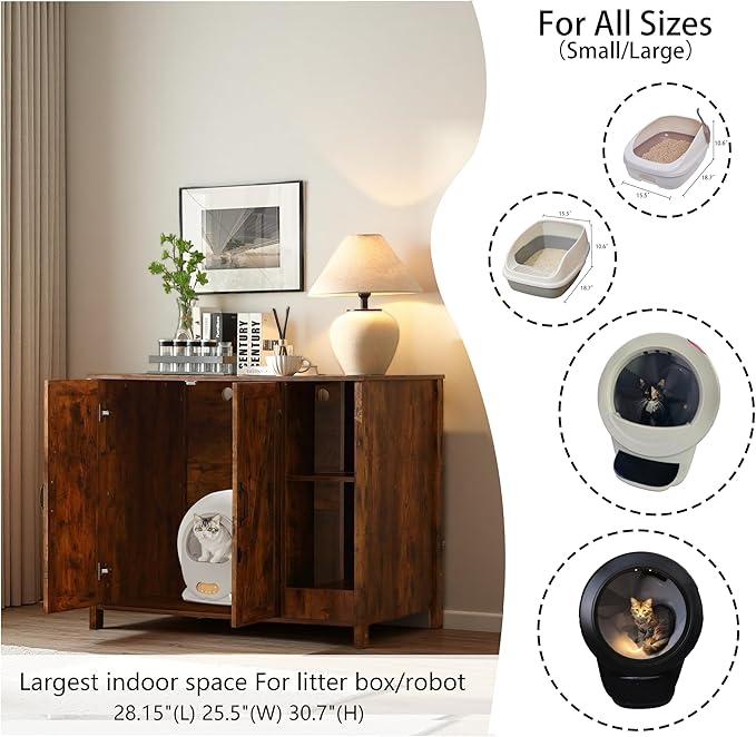 Cat Litter Robot Enclosure with Litter Collector,Cat Litter Cabinet with Dog Proof Adjustable Shelf,for Placing Litter Robot 3/4,Power Outlet (Rustic Brown)