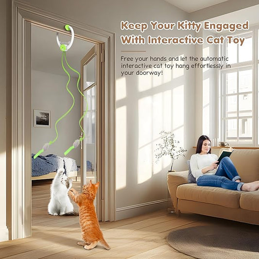Interactive Cat Toys Rechargeable, Feather Toy for Indoor Cat, Hanging Retractable Teaser Toy, Automatic Kitten Play Chase Exercise Toys with Three Plush Mouse, USB Powered (Green)