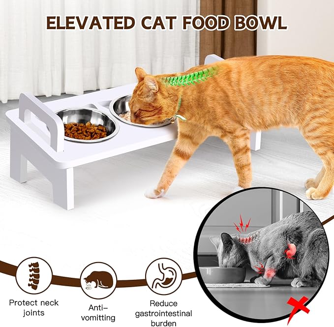 Elevated Cat Food Bowl, 3 Stainless Steel Raised Cat Bowls with Stand, 15°Tilted Cats Bowl for Indoor Cats, Pet Food and Water Bowl Set, Anti Vomitting, Whisker Fatigue and Dishwasher Safe - White