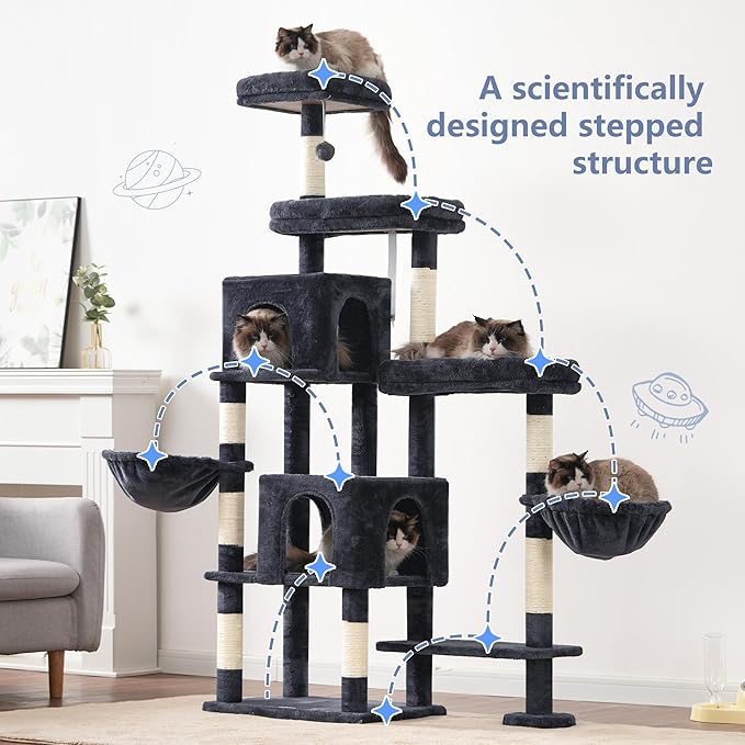 Hey-brother Cat Tree Tower, Scratching Posts with a Extended Part, Wide Platforms, Cozy Condos, Hammocks, Sisal Columns and Ball for Indoor Cats, 70.1 Inches, Smoky Gray MPJ038G