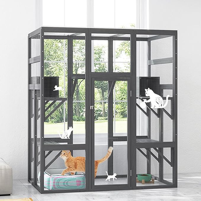 COZIWOW 70Inches Large Stable Spacious Wooden Catio Outdoor Cat Enclosure with Perches and Condos, Cat Cage Indoor with Waterproof Roof, 7 Platforms & 2 Resting Box, UV Resistant (Grey)